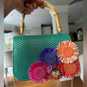 Haute Hippie Viral Straw/Rattan Teal Cross Body Purse Bamboo Handle Flowers NWT